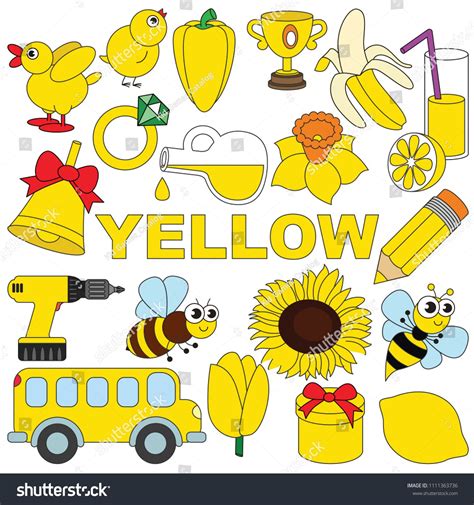 Yellow Objects Color Elements Set Collection Of Coloring Book Template