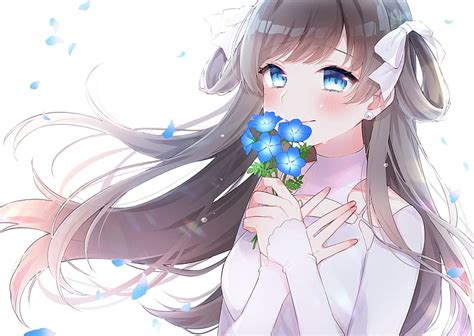 Crying Blue Eyes Anime Girl Tears Brown Hair Blue Flowers Anime