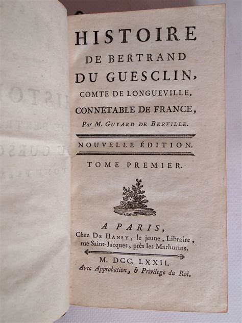 Guyard De Berville Histoire De Bertrand Du Guesclin First Edition Edition