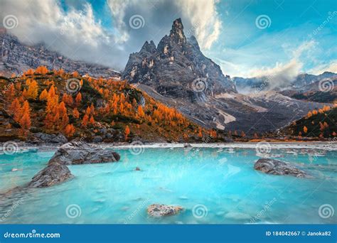 Autumn Alpine Landscape With Turquoise Glacier Lake Sorapis Dolomites