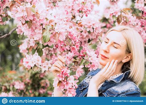 Young Woman Among The Blossoming Trees Spring Nature Park Or Garden Flowering Trees Stock