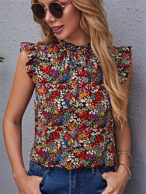 Shein Clasi Frilled Neck Ruffle Armhole Ditsy Floral Top Shein Usa