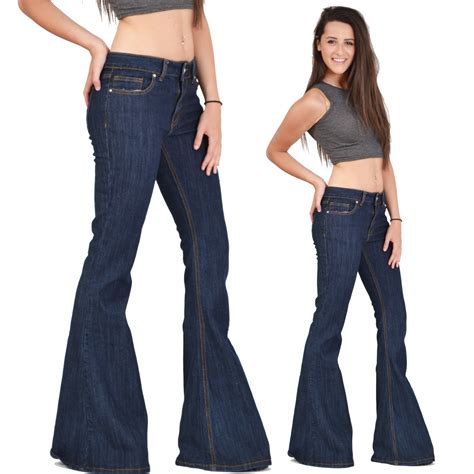 New Womens Dark Blue 60s 70s Retro Bell Bottoms Flares Hippy Wide Flared Jeans Ebay