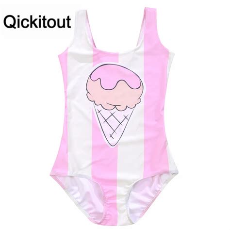 Qickitout Summer Women Sexy Swimsuit Pink Icecream Digital Print One Piece Bath Suit Bodysuit