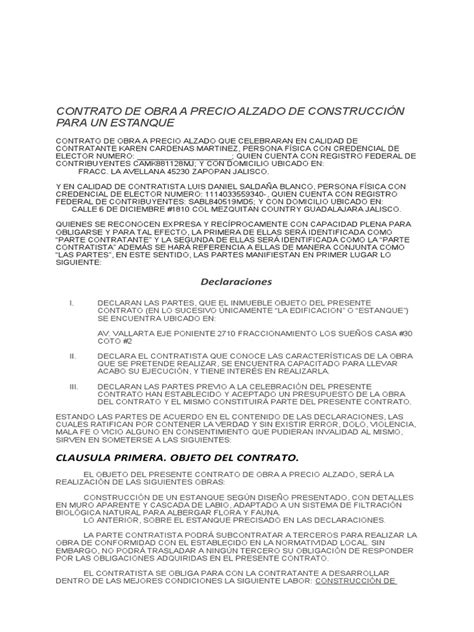 Contrato De Obra A Precio Alzado De Construcción Para Un Estanque Pdf