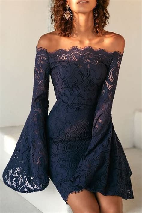 Women Off Shoulder Hollow Lace Overlay Flare Sleeve Sexy Bodycon Party Dress Dark Blue S Grad
