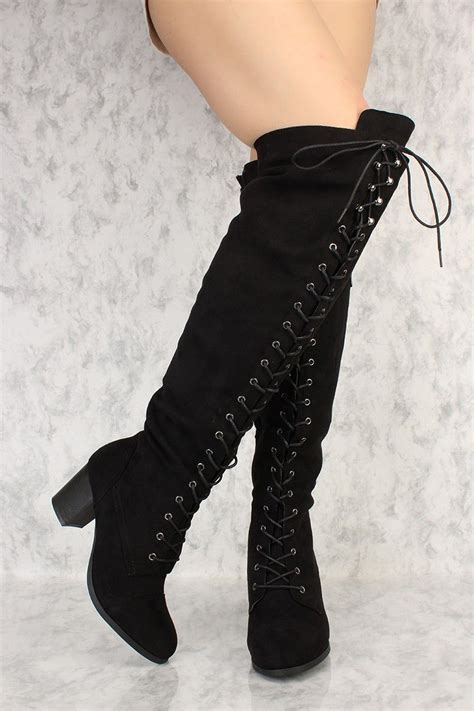 Black Front Lace Up Round Toe Thigh High Chunky Heel Boots Sexy Dress