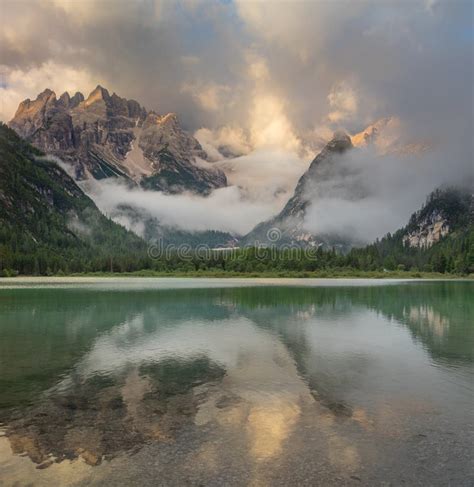 Mountains Lake At The Foggy Morning Wild Forest Dnd Alps Mountains