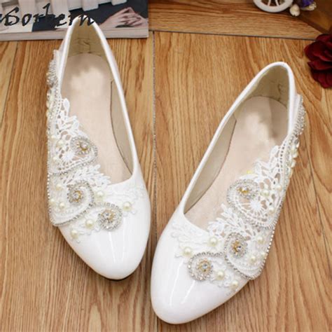 Sorbern White Flat Wedding Shoes Crystals Luxury Beaded Lace Flower