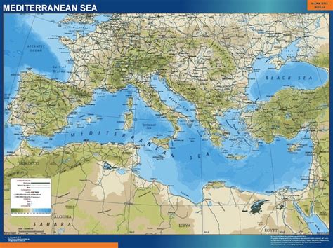 mappa mar Mediterraneo fisico inglese con una cartografia aggiornata