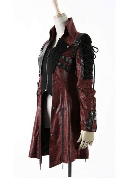 Red And Black Long Sleeves Leather Gothic Trench Coat For Women