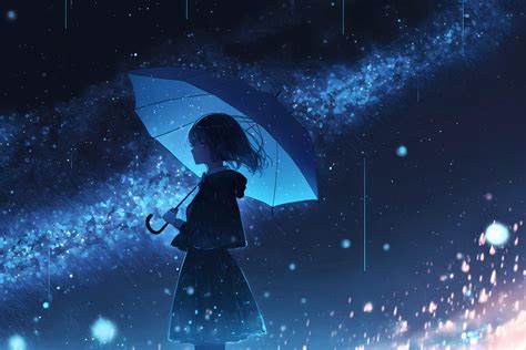 Wallpaper Girl Umbrella Rain Anime Blue Hd Widescreen High