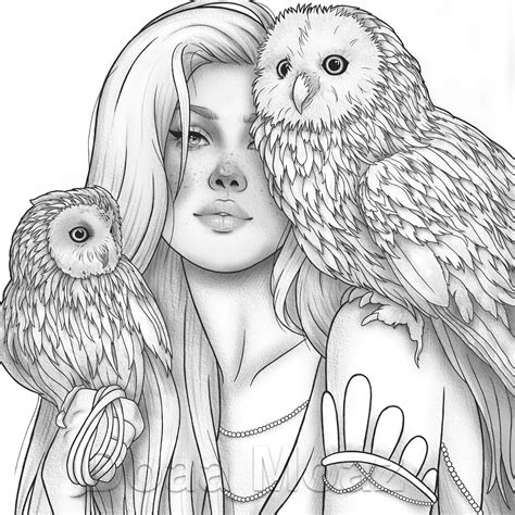 Adult Coloring Page Fantasy Girl Owls Portrait Etsy Schweiz
