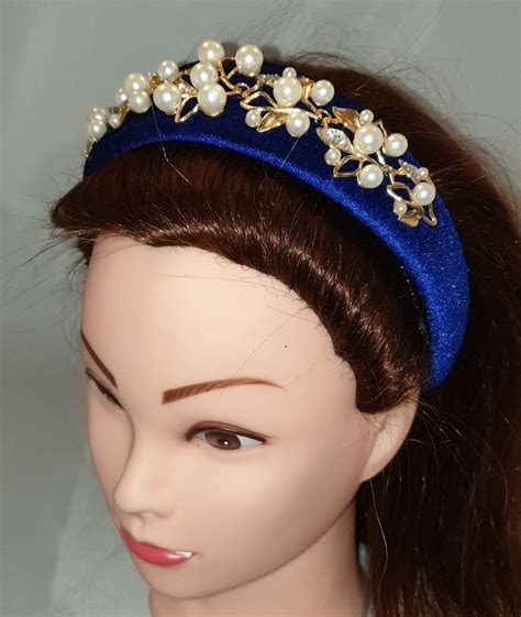 Royal Blue Padded Velvet Headband Crystal Faux Pearl Leaf Etsy
