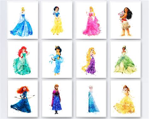 Princess Set Of 12 Watercolor Disney Princess Prints Disney Etsy Uk