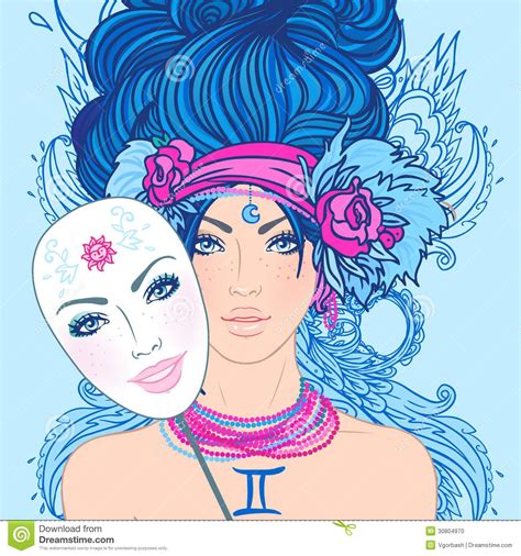 Illustration Of Gemini Zodiac Sign As A Beautiful Girl With Mask Taurus