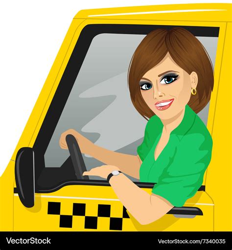 Female Taxi Driver In Yellow Car Smiling Vector Image