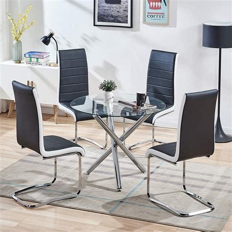 Modern Round Dining Table Set Clear Tempered Glass Top Table And Faux