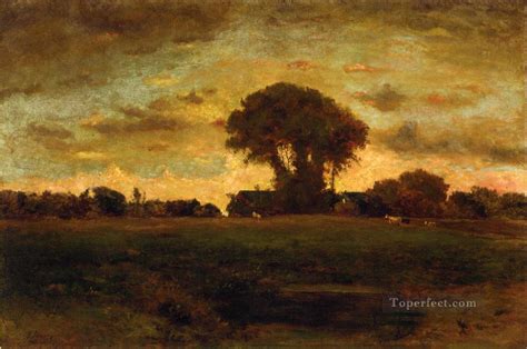 Sunset On A Meadow Tonalist George Inness Painting In Oil For Sale