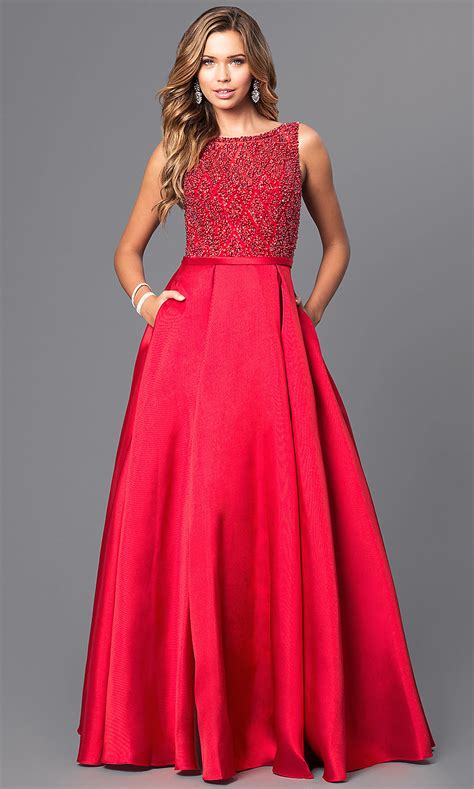 Jeweled Bodice Long Prom Dress With Pockets Promgirl