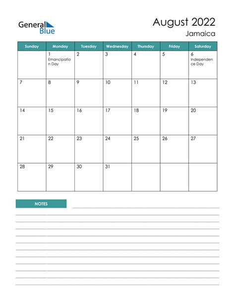 August 2022 Calendar With Jamaica Holidays