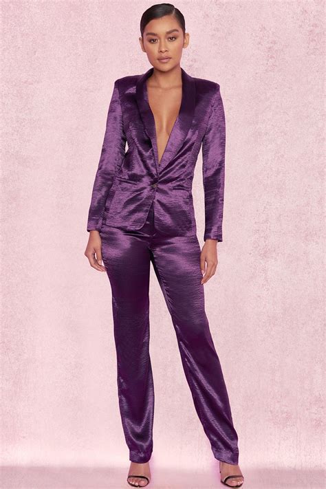 Clothing 2 Pieces Amellina Deep Purple Satin Trouser Suit Satin Trousers Bandage Dress