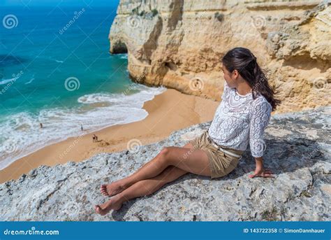 Girl At Beautiful Beach Carvalho Of Algarve Portugal Stock Photo