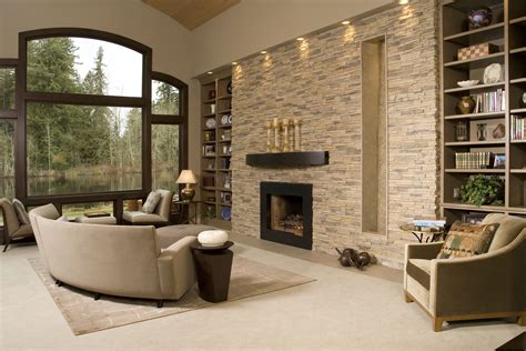 Contemporary Living Room With Stacked Stone Accent Wall Recess Lighting And Accent Walls In