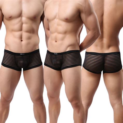 Sexy Mens Striped Boxer Briefs Mesh Fishnet Underwear Transparent
