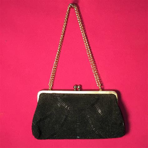 Black Beaded Clutch Evening Bag With Hideaway Chain Strap