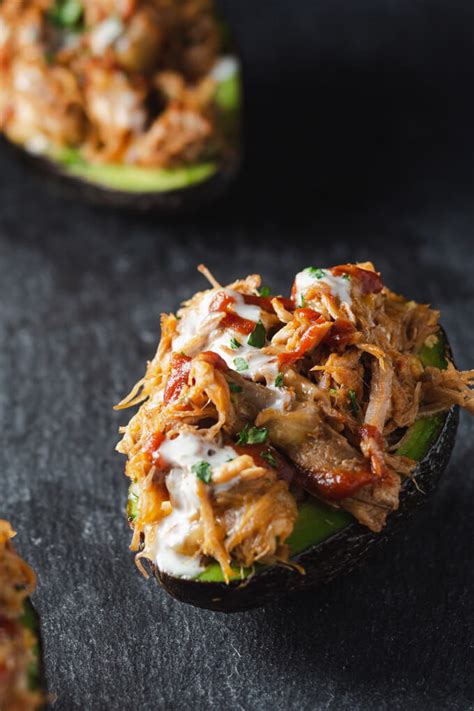Just five ingredients and into the crock pot it this crock pot pulled pork is one of my family's favorite meals and makes enough leftovers for lunch or i also love your popsicle recipe below, definitely a great low calorie sweet option. Pulled Pork Stuffed Avocado Boats Recipe (Keto) | Low Carb ...
