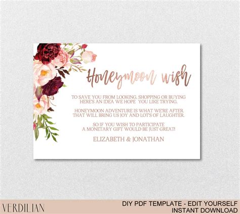 Honeymoon Wish Card Printable Template Marsala Rose Gold Etsy