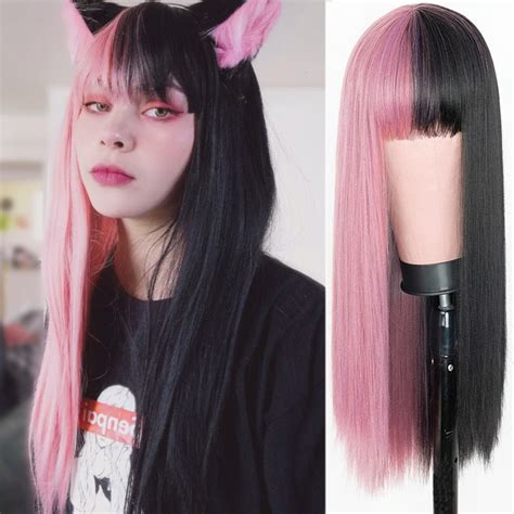 Pink And Black Wig Long Straight Hair Cosplay Wig Two Tone Etsy