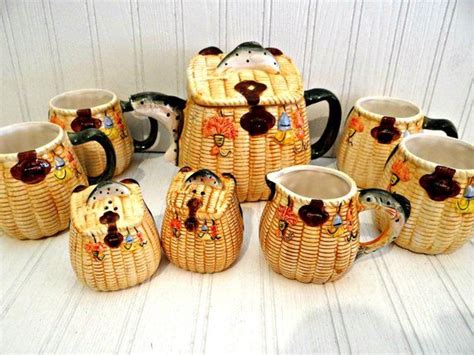 Vintage Fishing Creel Basket Teapot With Four Cups Salt And Pepper