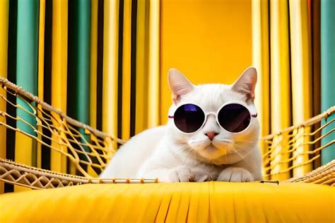 Premium Ai Image Portrait Of An Adorable White Cat In Sunglasses And