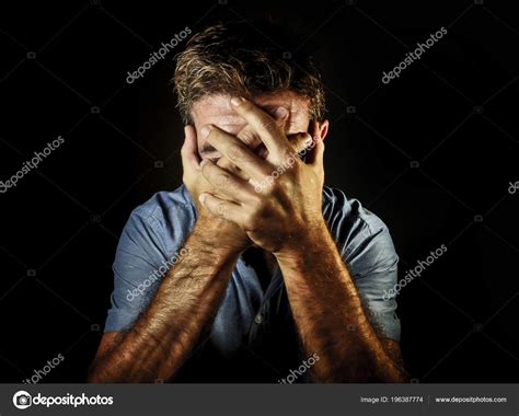 Dramatic Portrait Sad Depressed Man Covering Face Hands Crying ...