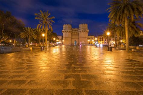 Serrano Towers Old City Gate In Valencia On Night Time Spain E Stock