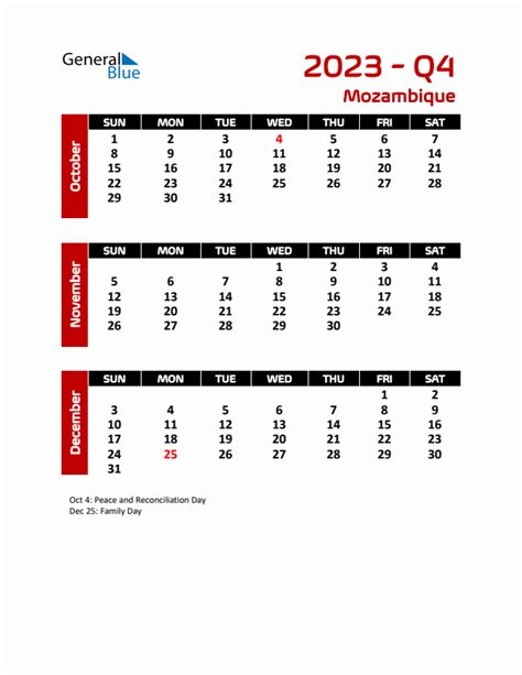 Q4 2023 Quarterly Calendar With Mozambique Holidays
