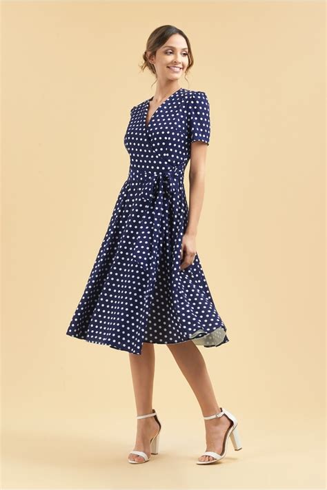 The Pretty Dress Company 1940 S Navy Ivory Polka Dot Wrap Dress