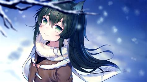 Please contact us if you. Download 1920x1080 Anime Wolf Girl, Smiling, Scarf, Snow, Black Hair, Animal Ears Wallpapers for ...