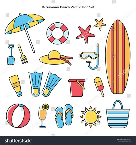 Collection Summer Beach Icons Line Color Stock Vector Royalty Free