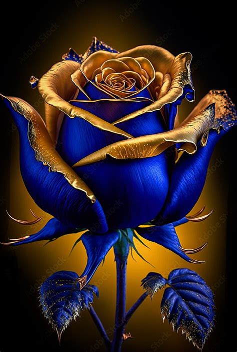 A Painting Of A Blue Rose With Gold Leaves On Its Stem And Petals