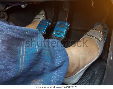 Womans Foot Depressing Accelerator Pedal Car Stock Photo 1246839373