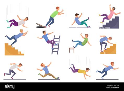 Set Of Falling Man Isolated Falling From Chair Accident Falling Down
