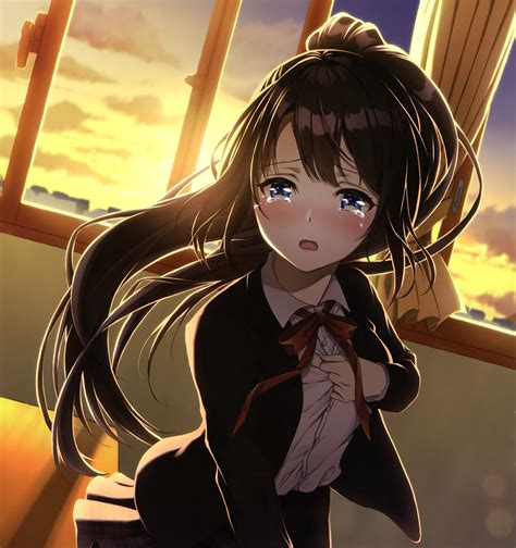 Download 2872x3055 Anime Girl Crying Classroom Sad Face Brown Hair School Uniform Sunset