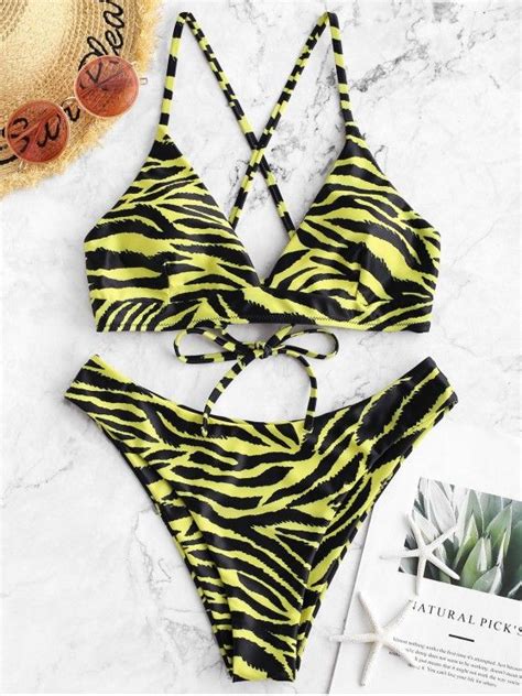 Off Zaful Tiger Print Lace Up Padded Bikini Swimsuit In