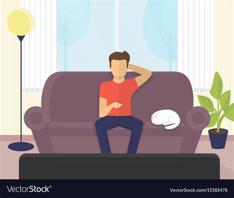 Young Man Sitting At Home On Sofa Watching Tv Vector Image
