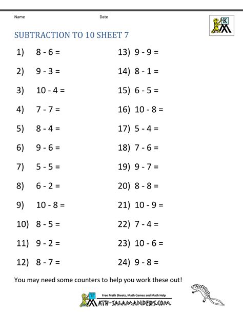 Subtraction To 10 Worksheets