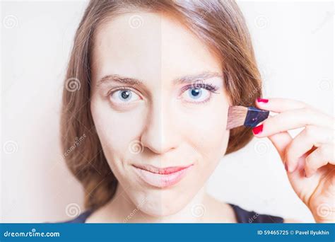 Half Face Women S Makeup Before And After Processing Stock Image