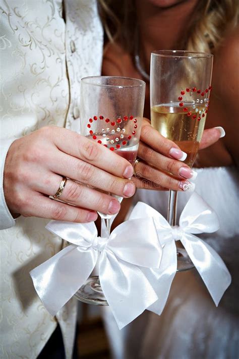 Wedding Champagne Glasses and Bride Groom Hands Stock Image - Image of